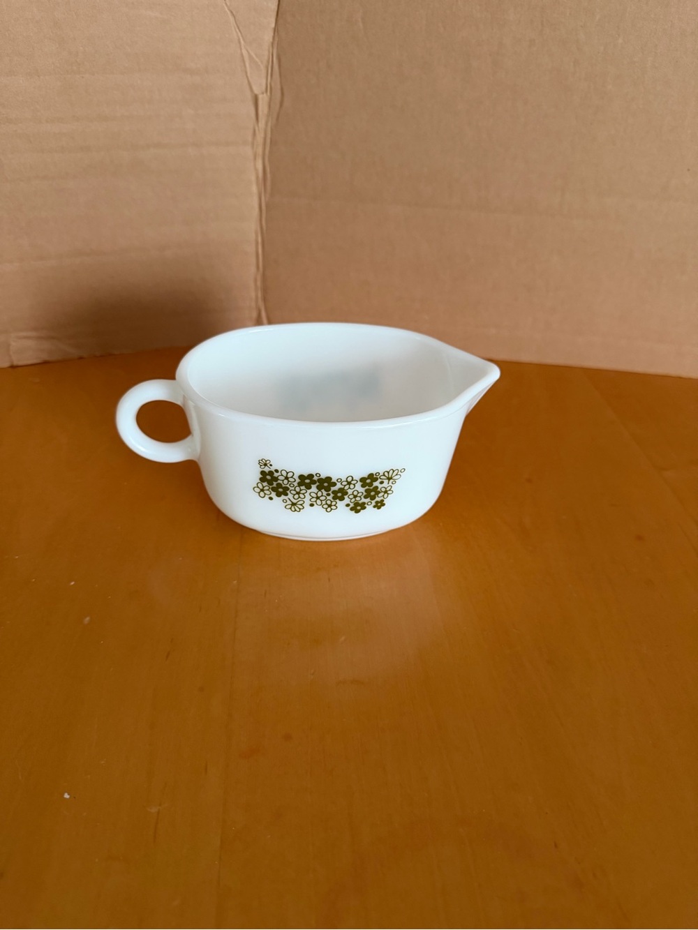Pyrex White Creamer with Olive Green Floral Band